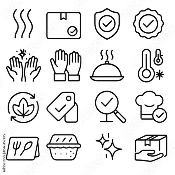 Fototapeta Food Safety Icons. Line style icons of food freshness and safety: steam lines, sealed box, hygiene check, safety seal, clean hands