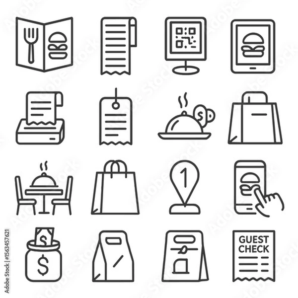 Fototapeta Food Ordering Icons. Line style icons of food ordering process: menu selection, order pad, table QR code, ordering tablet, receipt
