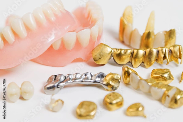 Obraz Various false teeth closeup on white