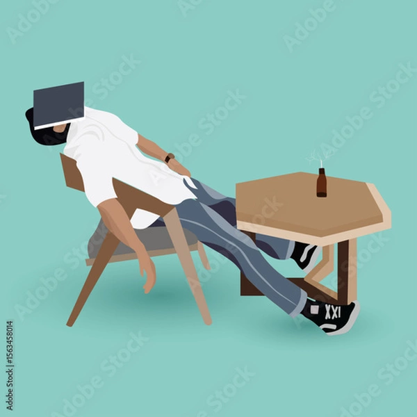 Fototapeta a tired man in front of a table with a book-covered face
