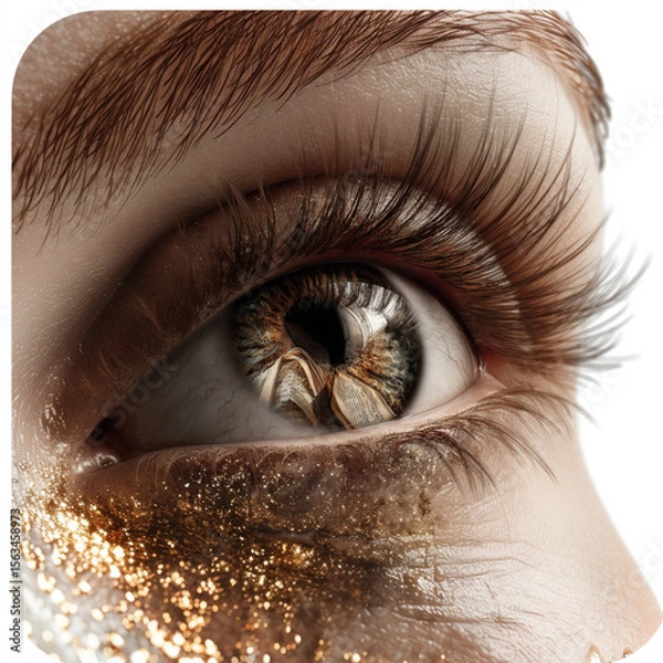 Obraz close-up of a human eye, showing a clear reflection of an open book in the pupil and iris, warm natural lighting, sharp details of eyelashes and skin texture, emotional cinematic look
