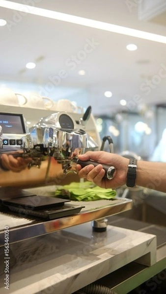 Fototapeta person barista using modern grinder machine to prepare coffee grounds in cafe features digital display and  polished metal finish.  