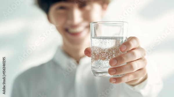 Obraz 健康的な生活を送る男性が炭酸水で水分補給 | 明るい背景