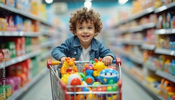 Fototapeta Smiling Boy in Shopping Cart Full of Toys at Store