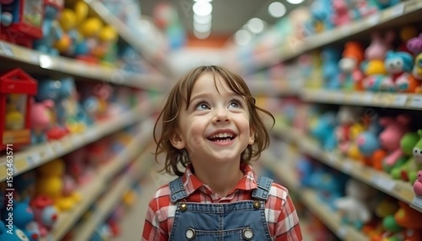 Fototapeta Smiling Child Looking Up in Store Aisle with Toys on Shelves