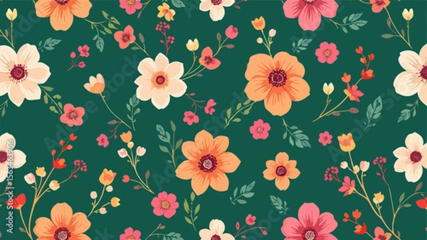 Fototapeta Seamless pattern with flowers, Hand drawn Flowers and branches in Scandinavian style	