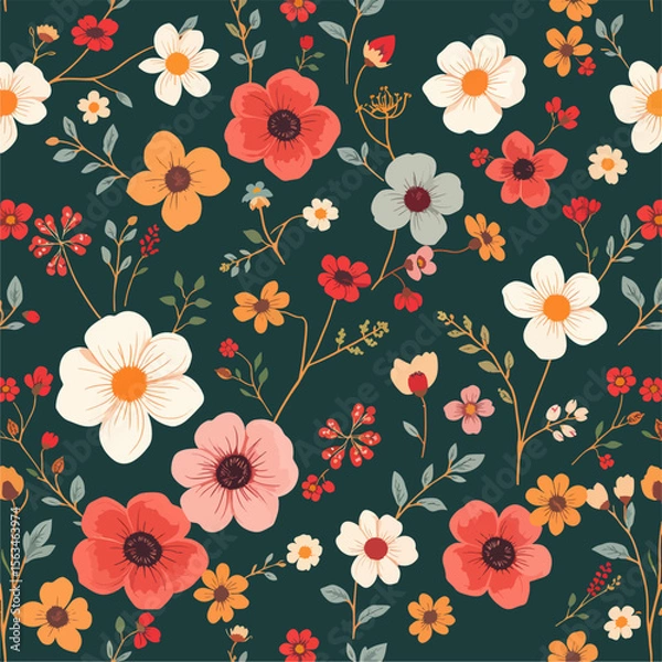 Fototapeta Seamless pattern with flowers, Hand drawn Flowers and branches in Scandinavian style, Elegant Vintage Floral Seamless Pattern Design