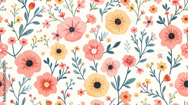 Fototapeta Seamless pattern with flowers, Hand drawn Flowers and branches in Scandinavian style	