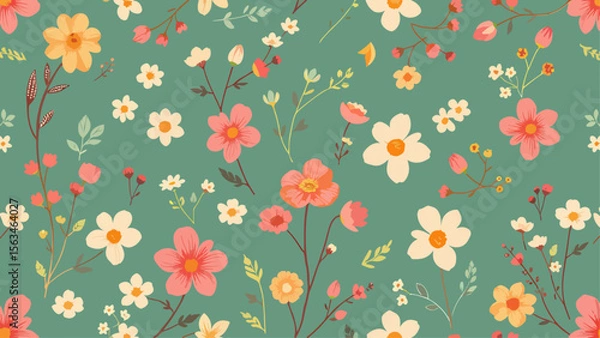 Fototapeta Seamless pattern with flowers, Hand drawn Flowers and branches in Scandinavian style	