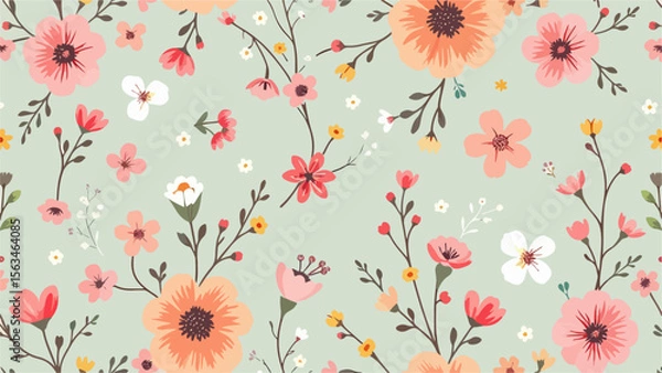 Fototapeta Seamless pattern background featuring a collection of vintage botanical illustrations with flowers and leaves in muted colors