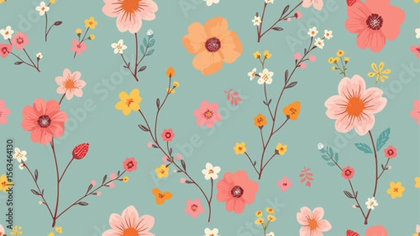 Fototapeta Seamless pattern background featuring a collection of vintage botanical illustrations with flowers and leaves in muted colors