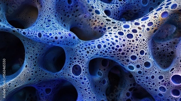 Fototapeta Abstract blue porous structure, 3D render, science background, medical design