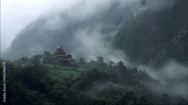 Obraz Misty mountain temple landscape photography scenic view of asian architecture in the clouds and fog