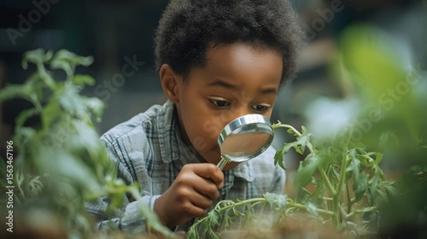 Obraz Little boy explores plants with magnifying glass learning science and nature in the garden outside