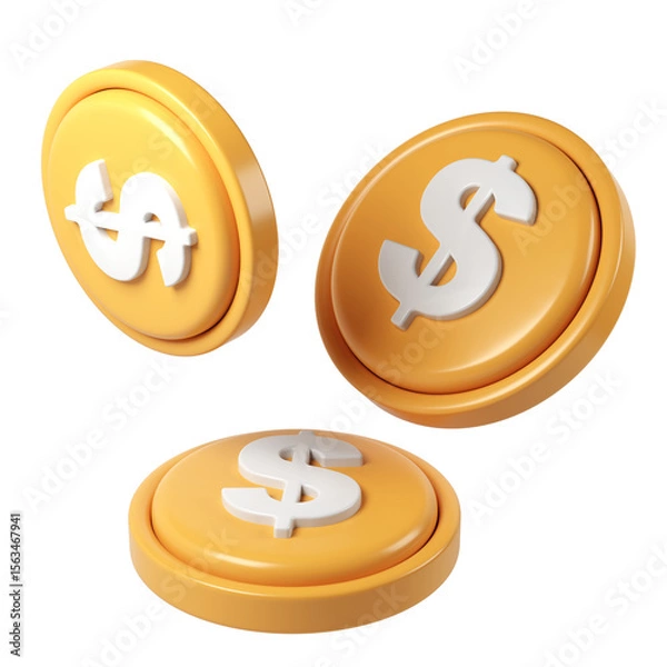 Fototapeta 3d render icon business gold coins with dollar symbol Three on transparent background, perfect for financial and rotating payment projects