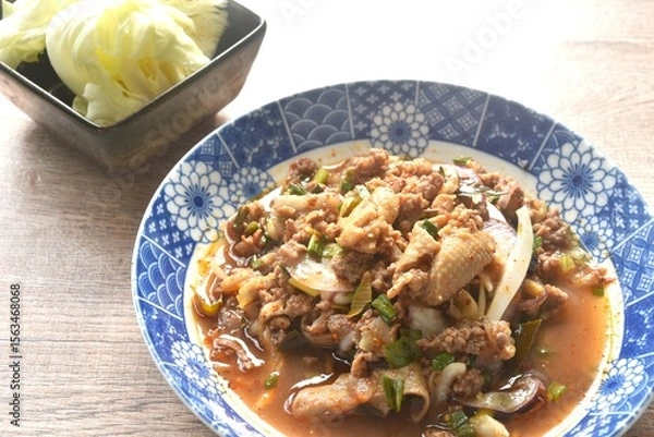 Obraz Thai spicy and sour chop duck meat salad and fresh cabbage on plate 