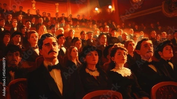 Fototapeta Victorian audience attentively watching a play in a grand theater
