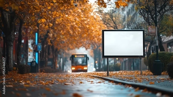 Fototapeta Cityscape in Autumn with Blank Billboard Displaying Promotional Content