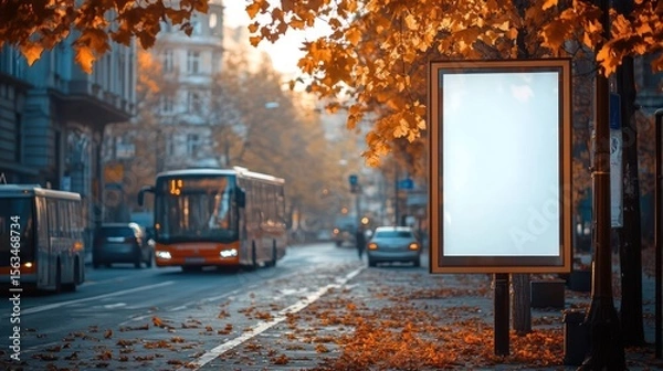 Fototapeta Blank billboard in autumnal city with buses and fallen leaves scenic view