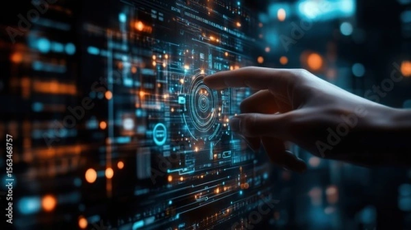 Fototapeta Hand interacts with futuristic interface, city backdrop, data analysis