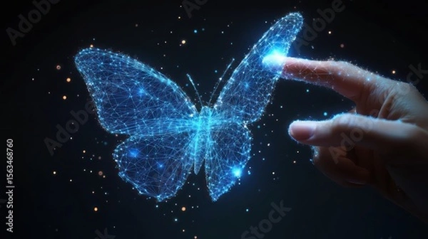 Fototapeta Digital Butterfly, Fingertip Touch, Dark Background, Transformation, Technology Concept