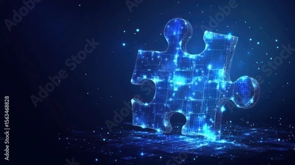 Fototapeta Glowing puzzle piece, digital solution, dark background, connection concept