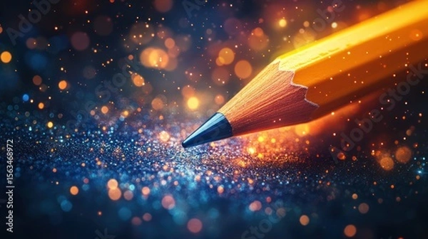 Fototapeta Yellow pencil, glittering bokeh background, close-up, creative writing