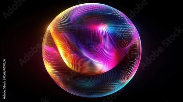 Fototapeta Colorful sphere energy flowing, dark background, digital art, futuristic design
