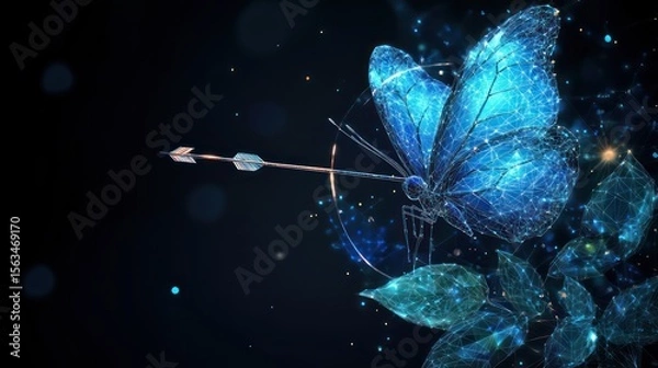Fototapeta Digital butterfly pierced by arrow, dark background, glowing leaves, technology concept