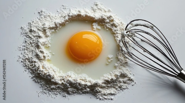 Fototapeta Egg yolk in flour nest, whisk, baking prep, white background, recipe illustration