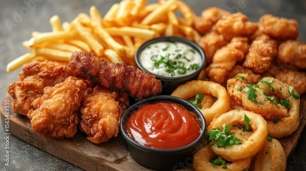 Fototapeta Delectable fast food platter featuring diverse fried delicacies and dipping sauces