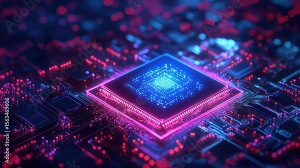 Fototapeta Neon-lit CPU glowing on circuit board, digital background, tech illustration
