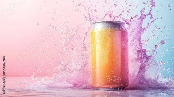 Fototapeta Pastel splash, soda can, studio shot, vibrant background, beverage ad