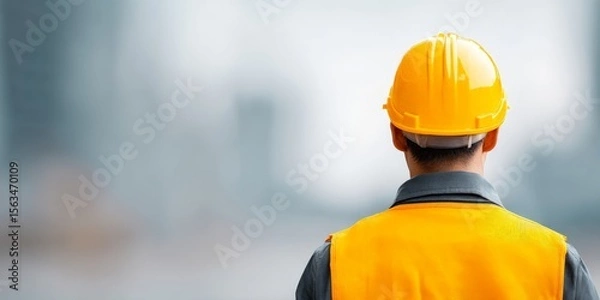 Fototapeta Dedicated Laborers in Their Professional Workplace Environment, Construction worker wearing a safety helmet and vest, viewed from behind, on a blurred site background.