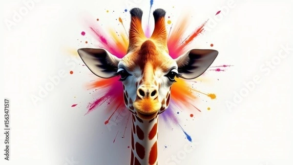 Fototapeta A close-up portrait of a giraffe with realistic features, splashes of vibrant acrylic paint in orange, teal, pink, and yellow accenting its neck and head, white background