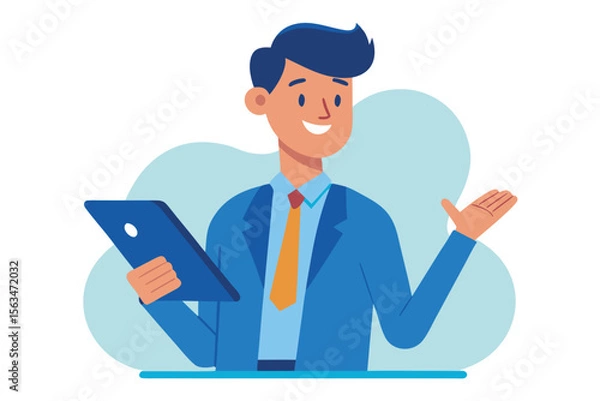 Fototapeta Smiling businessman holding a tablet and gesturing with his hand isolated on white background