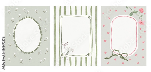 Obraz Watercolor set of whimsy frames with branches, green bow and hearts on delicate simple backgrounds. Collection prints for your text, photo or design card. Hand drawn illustration.