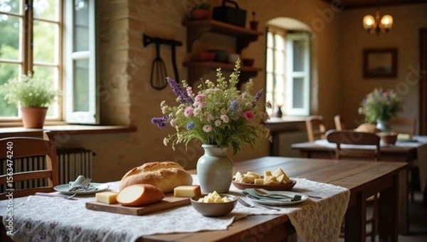 Fototapeta Un comedor rural cálido y acogedor con una gran mesa de madera frente a un fondo de paredes de piedra rústica