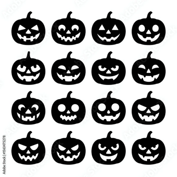 Fototapeta Fifteen Black Halloween Pumpkins with Varied Expressions on White Background vector