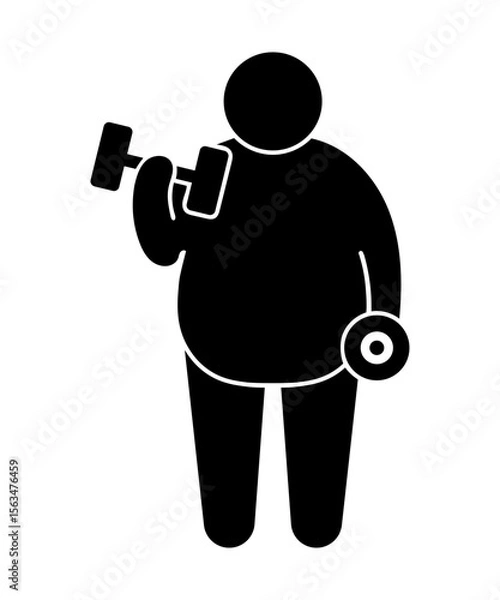 Fototapeta Stick figure stickman icon. Fat stickman workout using dumbbell. 