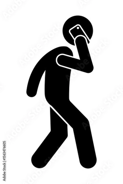 Fototapeta Stick figure stickman icon. Stick figure using smartphone calling someone while walking.