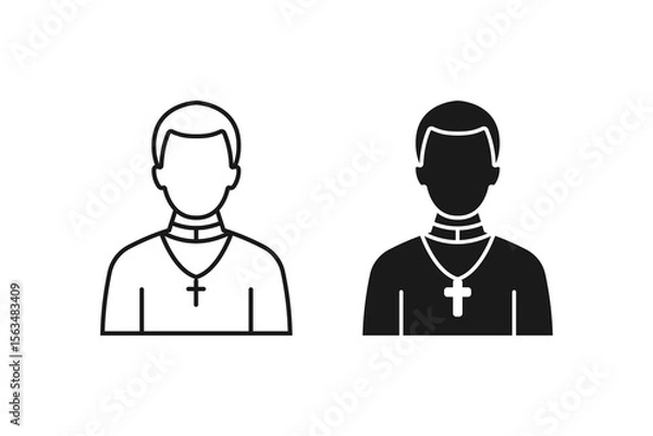Fototapeta Christian Priest Icon Religious Clergy Character in Traditional Robe and Cross Minimal Line Art Black Outline Isolated on White Background Faith and Worship Concept for Church and Religion Design
