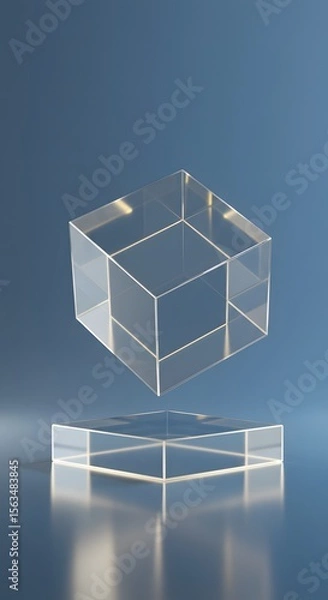 Fototapeta Futuristic glass cube suspended above a bright square base, representing high-tech energy and virtual systems	
