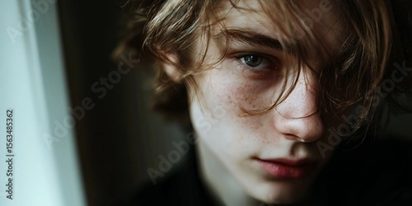 Fototapeta A close-up portrait of a teenager with intense eyes and freckles, featuring soft lighting and an artistic composition.