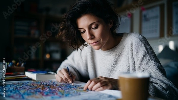 Fototapeta A woman deeply focused on coloring an intricate design, surrounded by colored pencils and art materials, in a cozy setting.