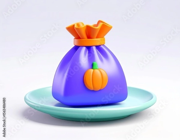 Fototapeta 3D trick or treat bag icon resting on a plate, colorful Halloween style, clean white or soft blur backdrop
