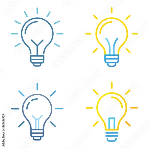 Fototapeta Four light bulbs in blue and yellow line art design  