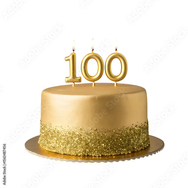 Obraz Elegant gold cake with burning number 100 candles isolated on transparent background