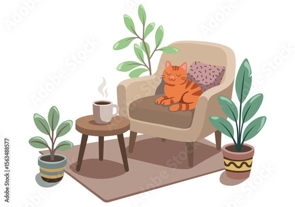 Fototapeta Cozy interior vector illustration with an orange cat sleeping on a soft armchair. Indoor plants in decorative pots, a wooden coffee table with a steaming cup, and a warm carpet.