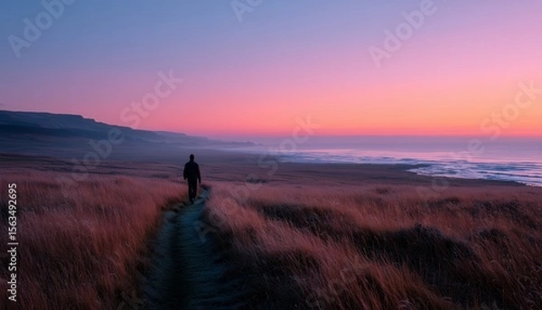 Fototapeta A solitary figure strolls across a serene coastal path, embraced by the vibrant hues of a breathtaking sunset.